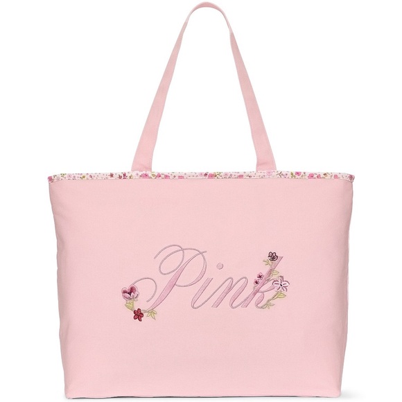 PINK Victoria's Secret Handbags - Victoria’s Secret PINK Pink Canvas Floral Embroidered Tote Bag Zip Top 1 Pocket